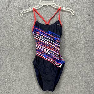 TYR Swimsuit Womens 30 Blue Red One Piece Cutout Fit Open Back